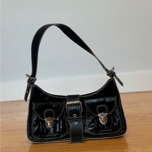 Black Vintage Y2K Leather Shoulder Bag with Front Pockets